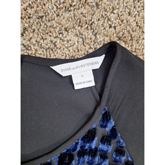 Diane Von Furstenberg Blouse Livian Velvet Burnout Black Blue Gold Size Large - Picture 3 of 9